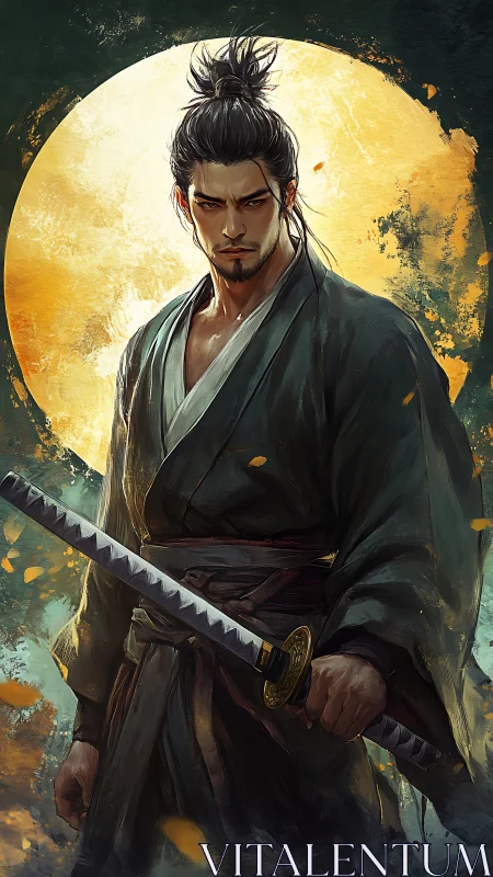 Solitary samurai warrior before luminous moon disc.