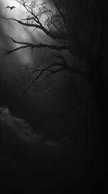 Moonlit branches script eerie silhouettes across stormed sky