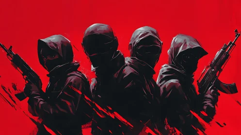Four tactical gunmen in hooded gear rendered with sharp red contrast