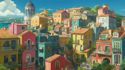 Sunlit hillside village where colorful homes trade secrets.