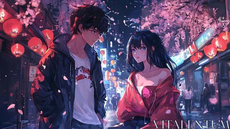 Anime couple under cherry blossoms on neon city street.