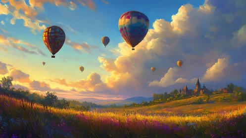 Hot air balloons drift over sunlit country meadow.