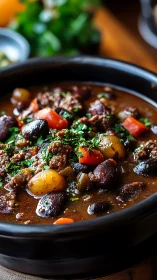 Hearty stew cauldron bubbling with beans, beef, and color.
