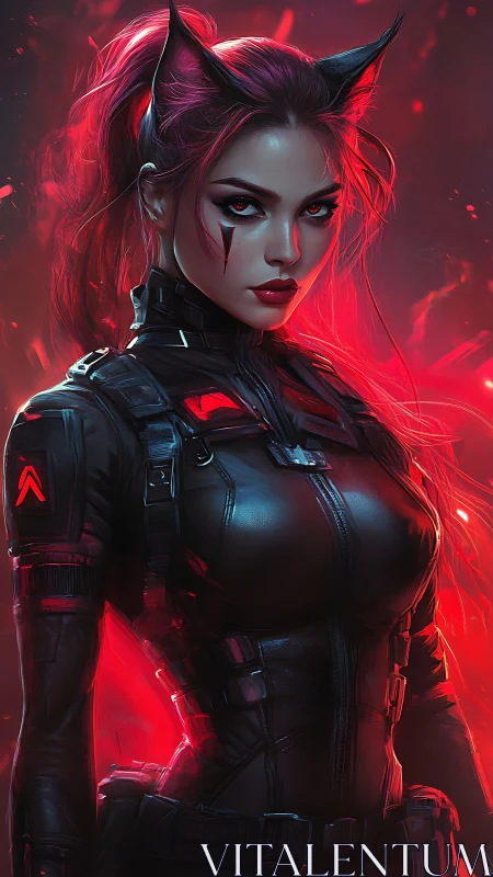Cybernetic cat-eared operative in tactical armor, red backlight