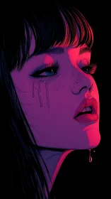 Neon tears and midnight lips soaked in electric heartbreak.