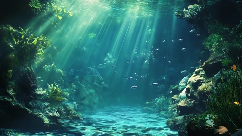 Sunlit underwater grotto where emerald reefs softly shimmer.