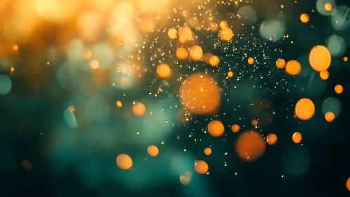 Golden light bokeh with dust particles in teal background.