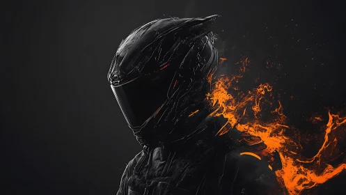 Futuristic armored rider stands wreathed in blazing orange fire