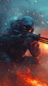 Hooded armed figure advancing through dense firestorm field.