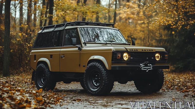 Autumn forest trail crowns a rugged classic off road rover