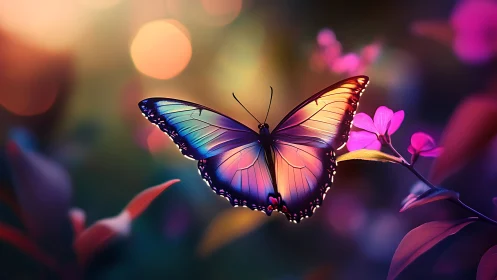 Prismatic butterfly drifts through neon-kissed twilight blooms.