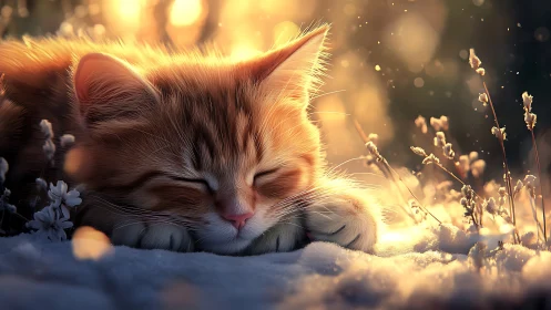 Serene Cat Resting in the Snowy Warmth of Golden Sunlight