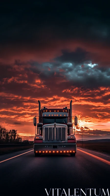 Symmetrical semi-truck frontal view under high-contrast sunset sky