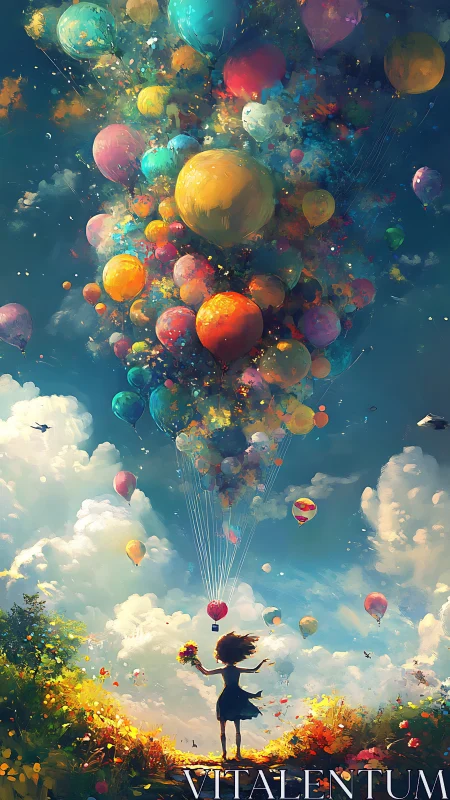 Girl celebrates vivid sky of floating dream balloons.