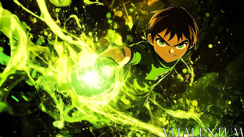 Animated boy extends glowing green energy in dynamic view