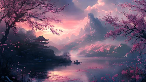 Serene cherry blossom lake frames misty mountains at dusk