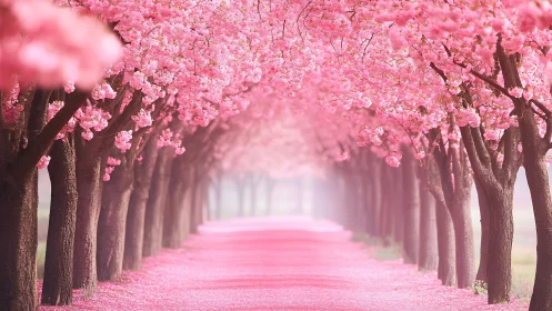 Cherry blossom trees form symmetrical pink tunnel over path