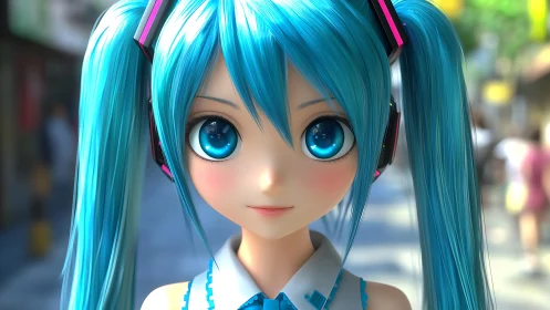 Hyperreal anime girl portrait with teal pigtails and headphones