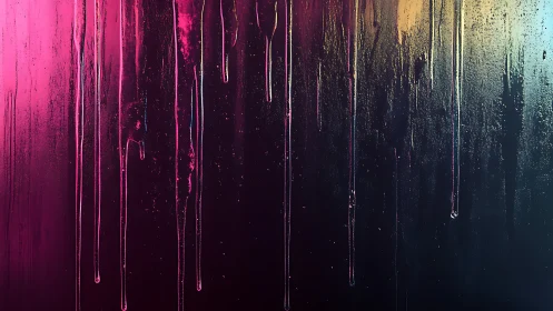 Vertical neon paint drips streak down a textured dark surface.