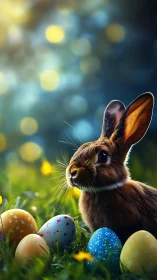 Brown rabbit sits among painted Easter eggs at dusk