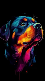 Multicolor stylized canine portrait on solid black field.
