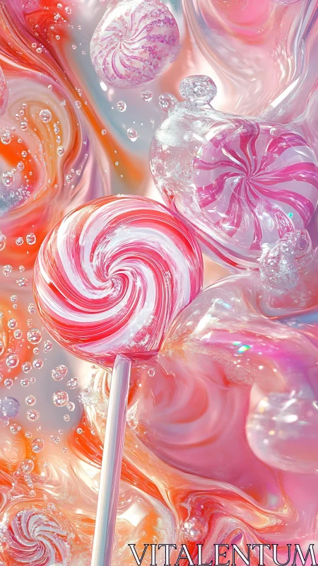 3D Rendered Confectionery Composition with Liquid Swirl Dynamics and Particle Systems