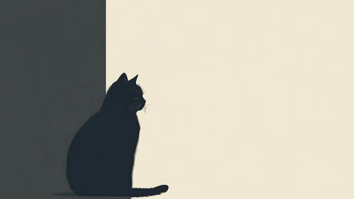 Black Cat Silhouette Against Neutral Background.