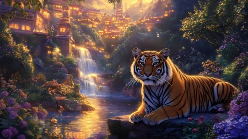 Majestic tiger resting beside luminous cascade near terraced city