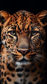 Leopard Portrait with Intense Amber Eyes Against Dark Background