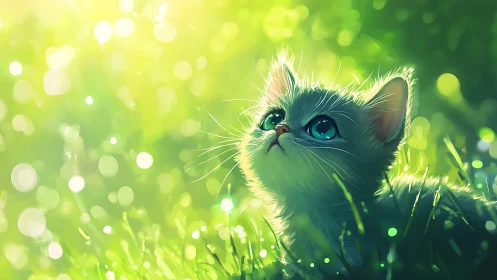 Cat in grass rendered with luminescent bokeh effects.