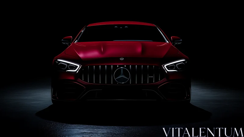 Red performance coupe front view in dramatic low key lighting.