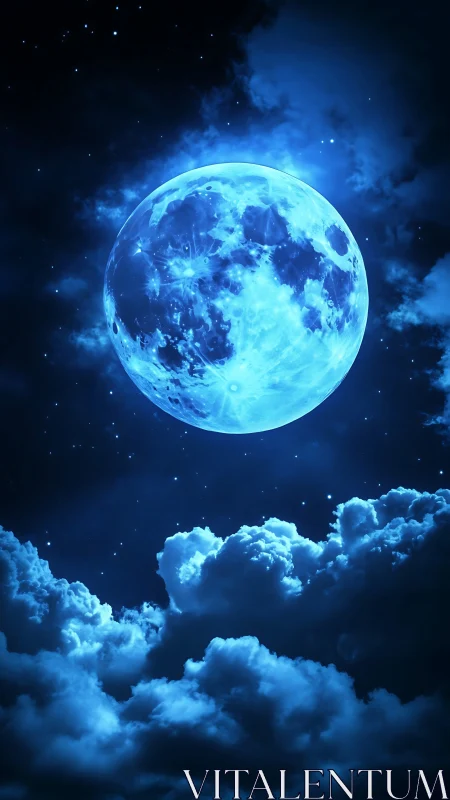 Luminous cyan moon above volumetric night clouds panorama.