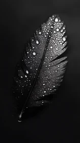 Macro study of black feather with water droplets on black field