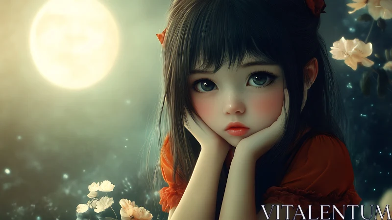 Moonlit portrait of stylized girl with soft bokeh depth rendering