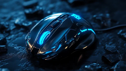 Programmable RGB gaming mouse with reflective shell and blue edge lighting