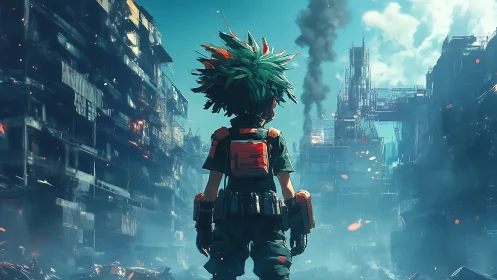 Solitary cyber hero surveys smoke-filled ruined megacity.