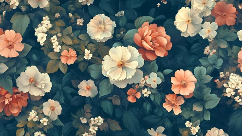 Botanical composition with layered flora rendered in warm and cool tones
