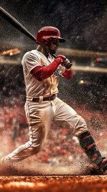 Baseball batter in red helmet swinging at home plate.