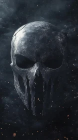 Weathered metallic skull emblem in cinematic digital painting.