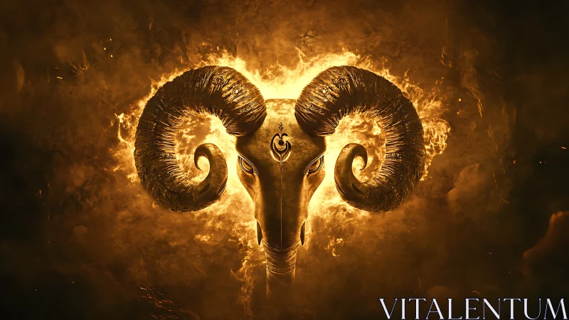Ram skull with flaming halo and ornate golden horn symmetry.