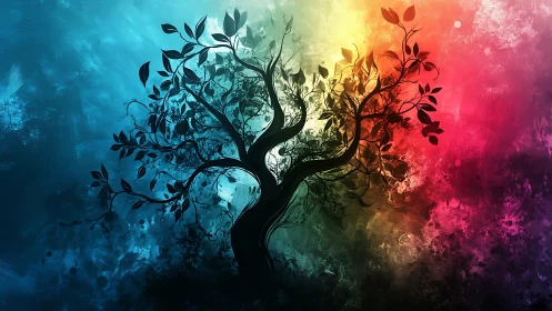 Color-splashed silhouette tree dreaming across the sky.