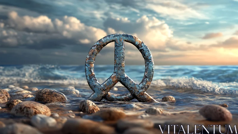Weathered peace symbol in sunlit coastal surf environment.