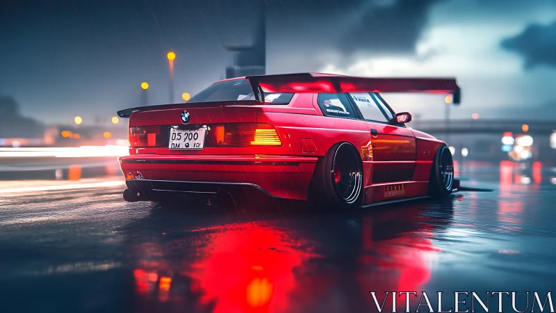 Scarlet street racer prowls neon rain at midnight speed.