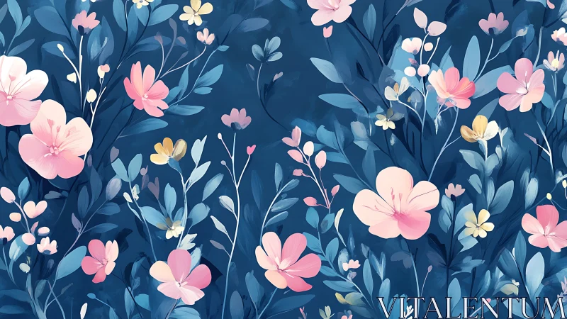 Midnight garden bloomscape in soft pinks and sapphire blue.