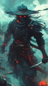 Masked warrior with glowing eyes in smoky teal scene.