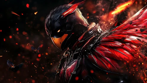 Armored humanoid bird warrior with red wings in sparks.