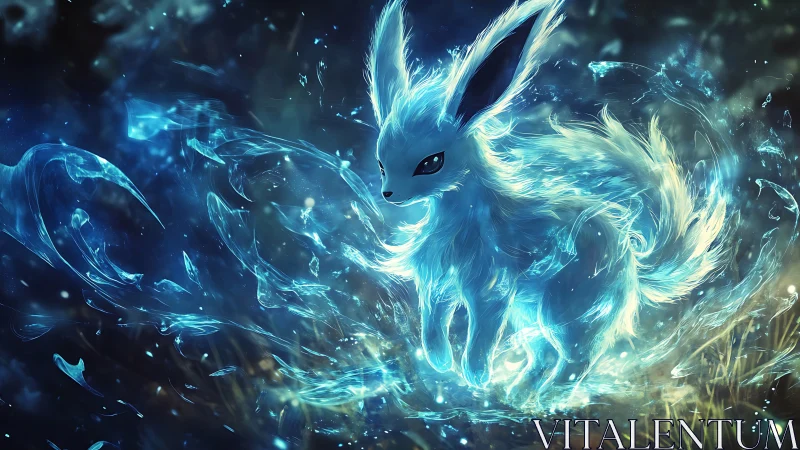 Bioluminescent foxlike creature in energetic aqueous vortex field