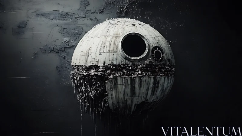 Mysterious ruined space sphere drifts in a dark silent void