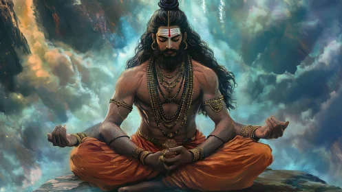 Mythic ascetic in cloud-suspended meditation, digital rendering.