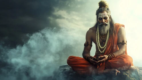 Mystic sage meditates in swirling mountain mist at dawn